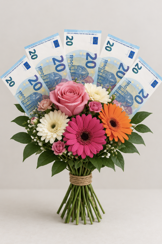 Blumenstrauß mit mehreren 20-Euro-Scheinen im Hintergrund.